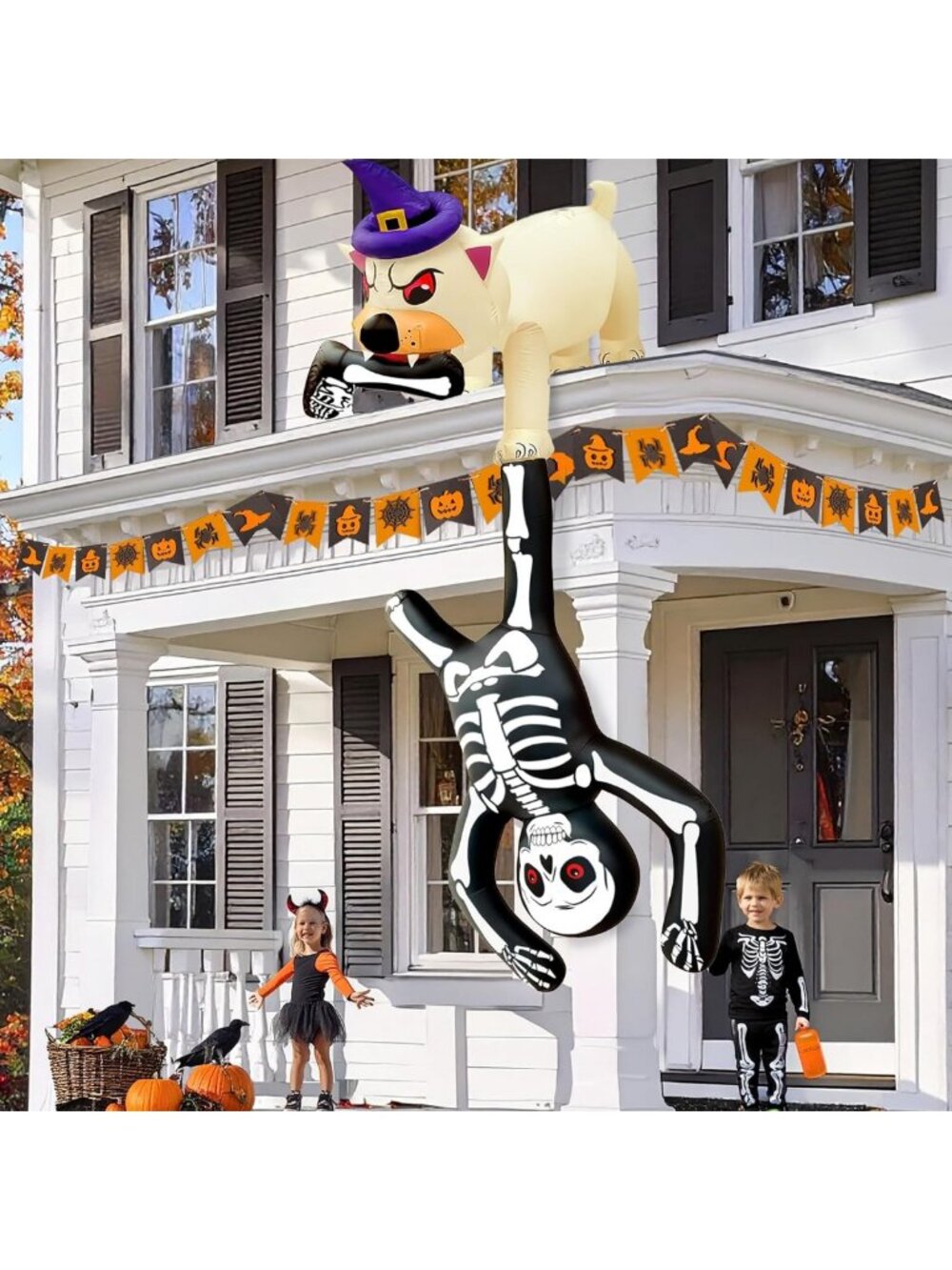 8FT Giant Halloween Inflatable Skeleton Dog with LED Lights for Lawn Decor
